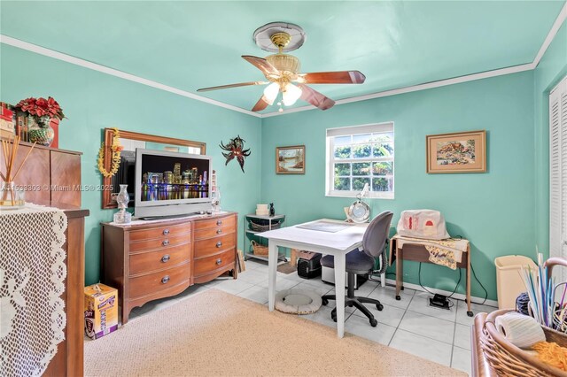 office featuring ornamental molding, light tile patterned floors, and ceiling fan