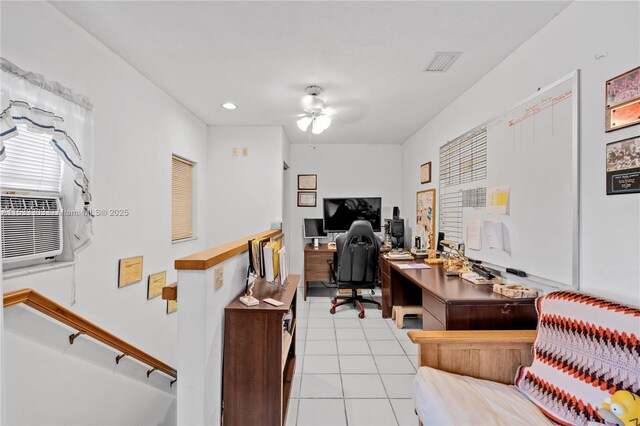 home office with light tile patterned flooring, cooling unit, and ceiling fan