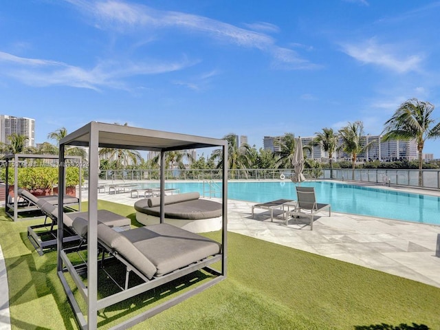 view of pool with a yard and a patio