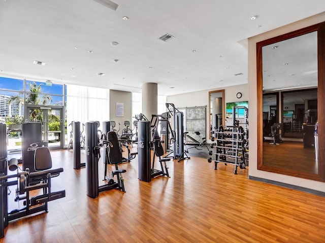 gym with light wood-type flooring and floor to ceiling windows