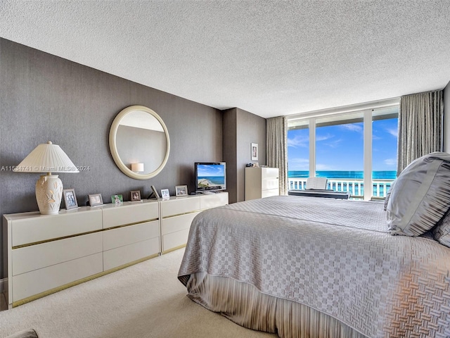 carpeted bedroom with a water view and a textured ceiling