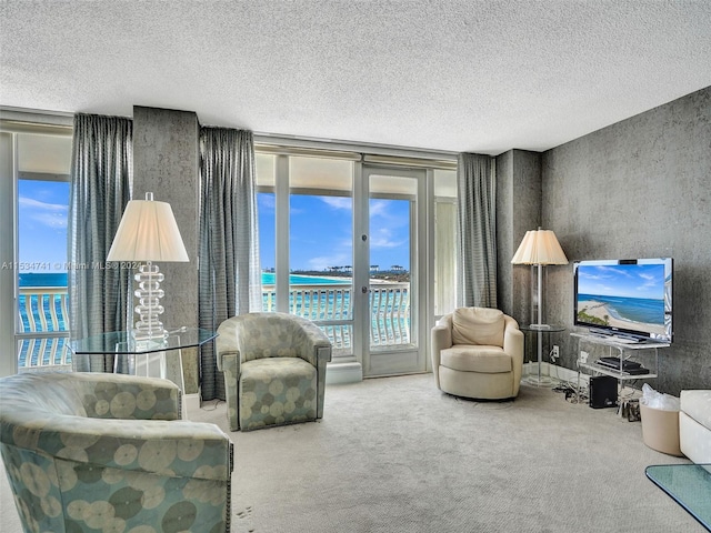 living area with a water view, a textured ceiling, and light colored carpet