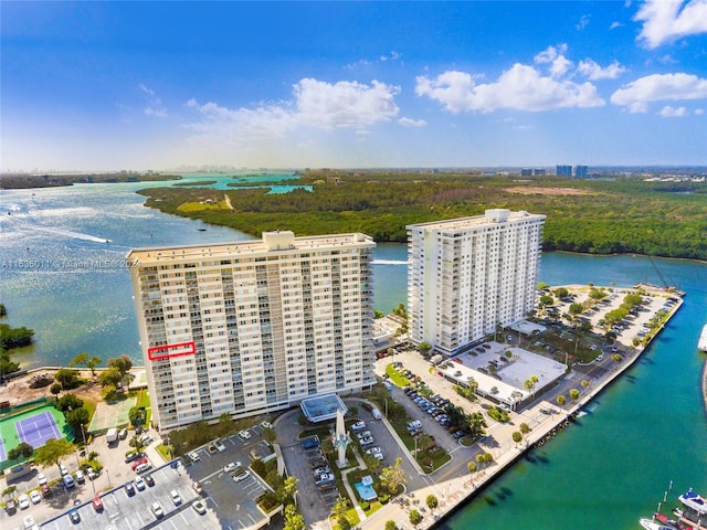 aerial view featuring a water view