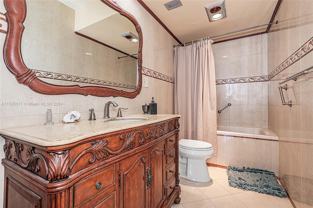 full bathroom featuring vanity, tile walls, tile floors, shower / bathtub combination with curtain, and toilet