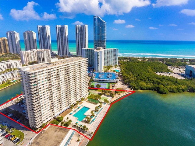 drone / aerial view featuring a water view