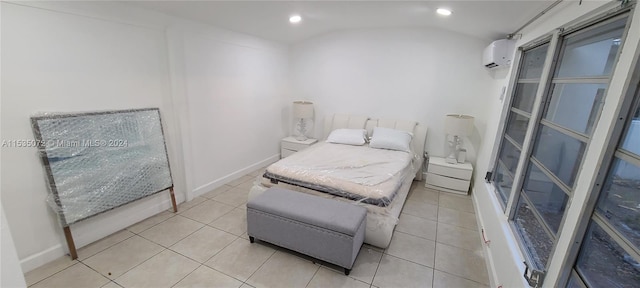 tiled bedroom with vaulted ceiling and a wall unit AC