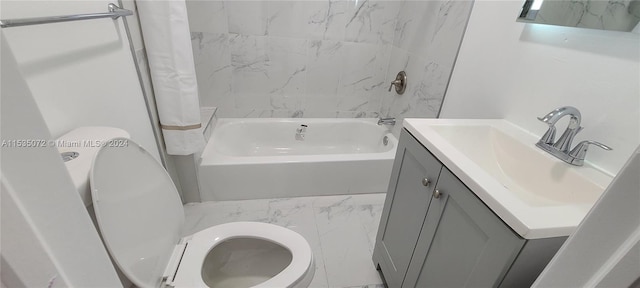 full bathroom with toilet, tiled shower / bath combo, vanity, and tile walls