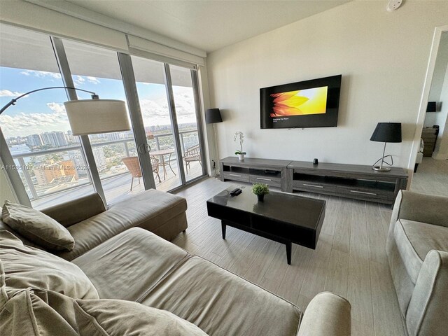 living room with light hardwood / wood-style floors and french doors