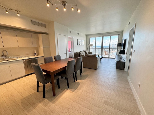 dining area featuring light hardwood / wood-style floors, rail lighting, and sink