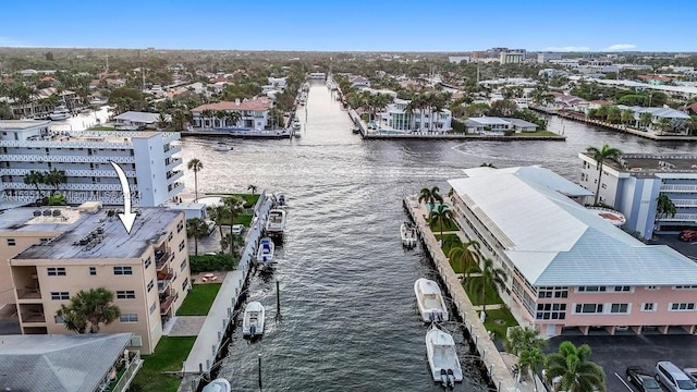 drone / aerial view with a water view