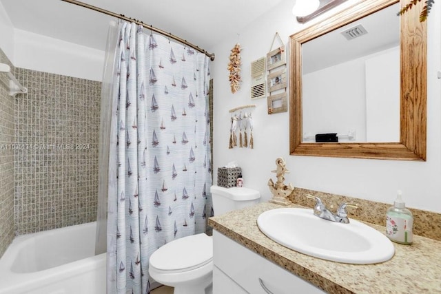 full bathroom featuring vanity, shower / bathtub combination with curtain, and toilet