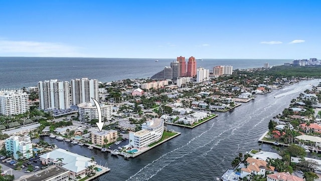 drone / aerial view featuring a water view