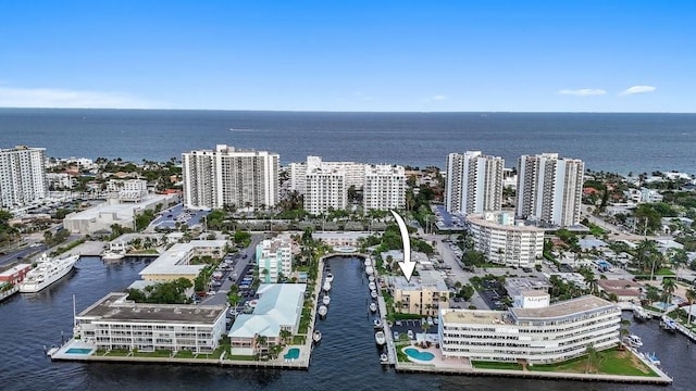 drone / aerial view with a water view