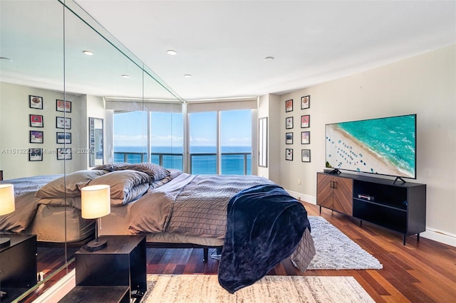 bedroom with dark hardwood / wood-style floors and expansive windows