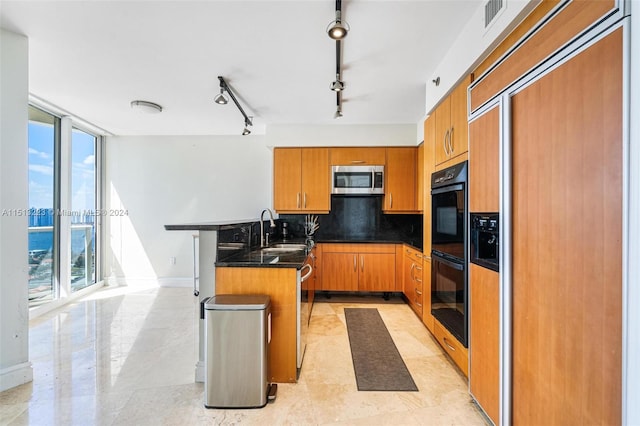 kitchen featuring a wealth of natural light, rail lighting, sink, and decorative backsplash