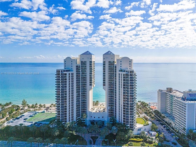 bird's eye view with a water view