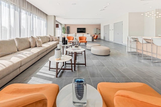 living room featuring tile flooring