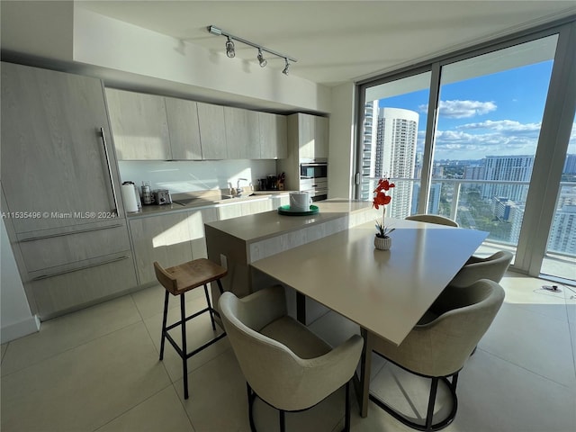 tiled dining room featuring plenty of natural light, rail lighting, floor to ceiling windows, and sink