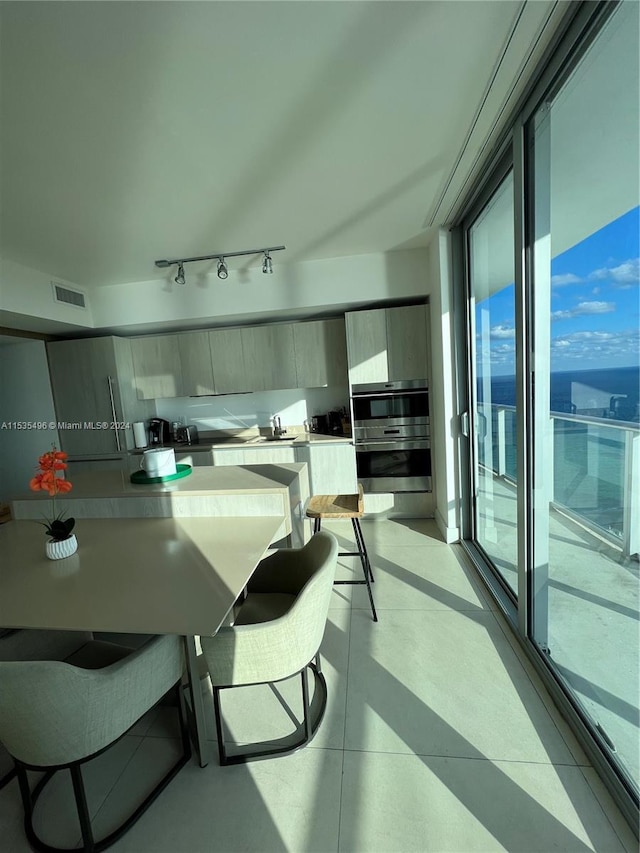 tiled dining room featuring a mountain view and track lighting