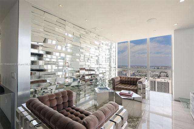 tiled living room with expansive windows and a wealth of natural light