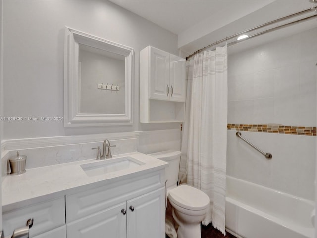 full bathroom with vanity, toilet, and shower / tub combo with curtain