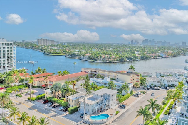 birds eye view of property featuring a water view