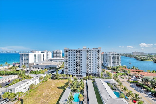 drone / aerial view with a water view