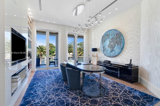 tiled living room with french doors