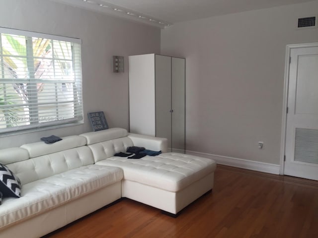 living room with dark wood-type flooring