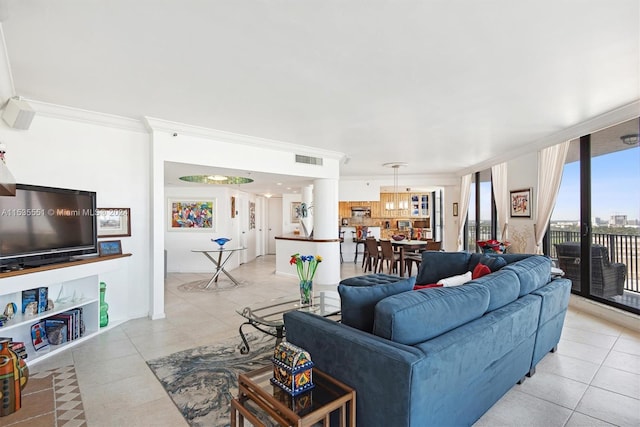 tiled living room with crown molding