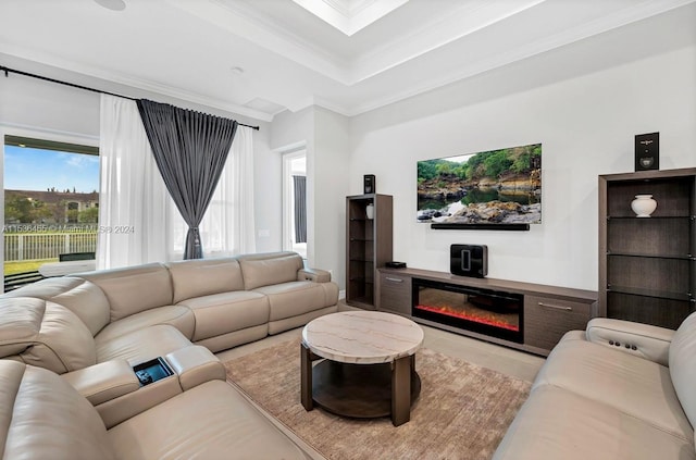 living room with ornamental molding