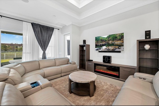 living room featuring crown molding