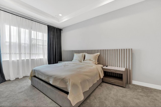 carpeted bedroom with a raised ceiling and ornamental molding