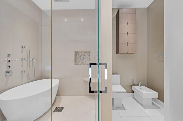 bathroom with tile flooring, a bidet, tile walls, plus walk in shower, and toilet