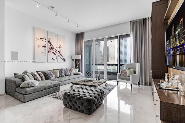 tiled living room with track lighting