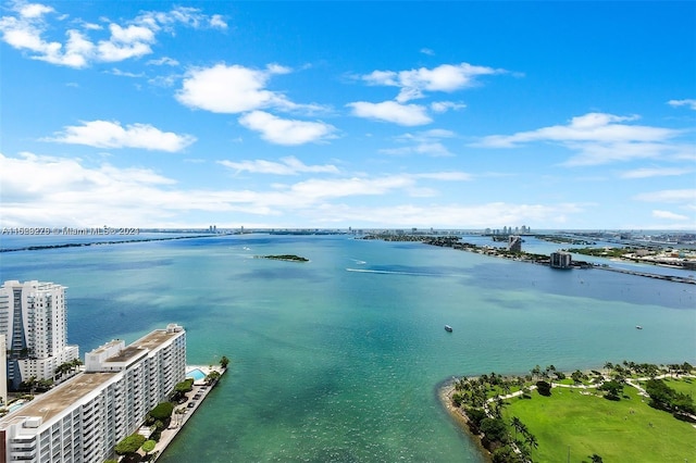 aerial view featuring a water view