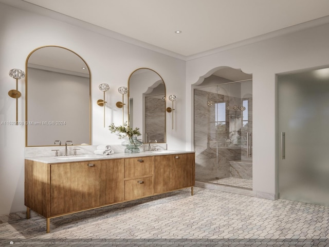 bathroom featuring dual bowl vanity, tile flooring, ornamental molding, and an enclosed shower