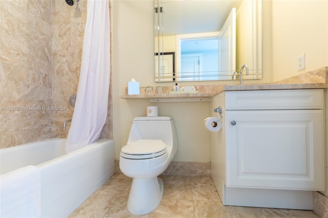 full bathroom with toilet, shower / bath combo, vanity, and tile flooring