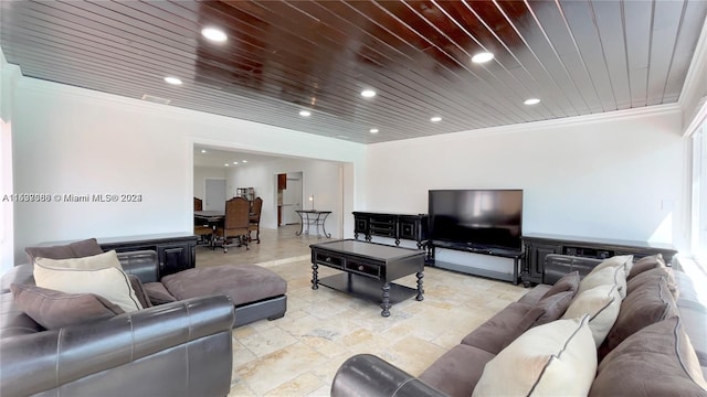 living room with crown molding, wood ceiling, and light tile flooring