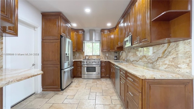 kitchen featuring sink, light tile floors, appliances with stainless steel finishes, light stone countertops, and tasteful backsplash