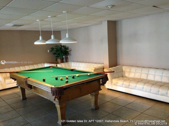 rec room with billiards, tile floors, and a drop ceiling