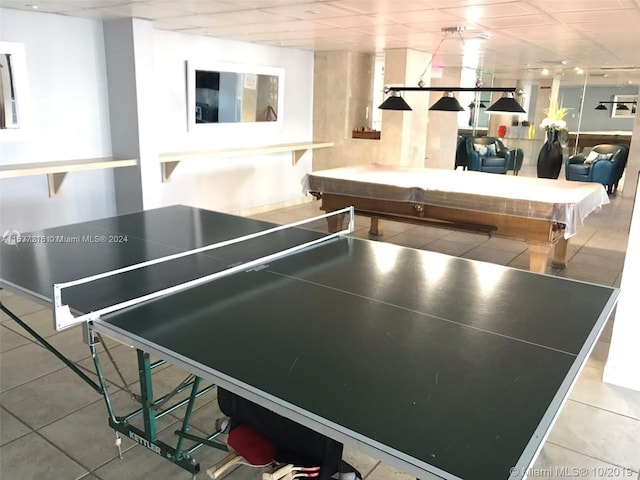 playroom with billiards and light tile floors