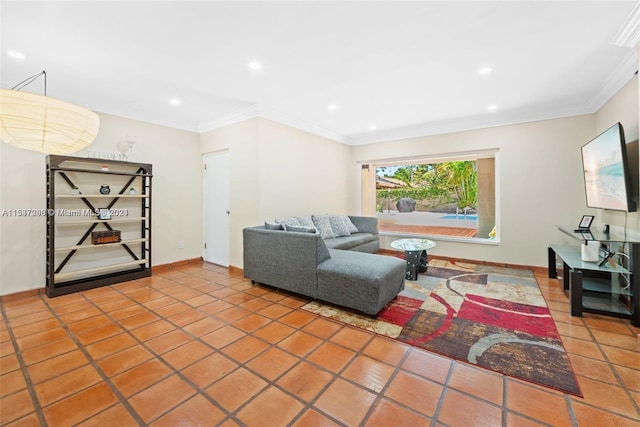 tiled living room with crown molding