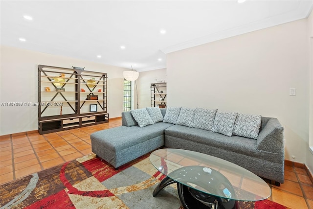 tiled living room with crown molding