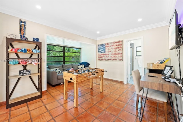 home office with light tile flooring and ornamental molding