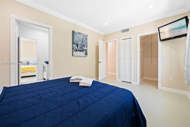 bedroom featuring light colored carpet, a closet, and crown molding