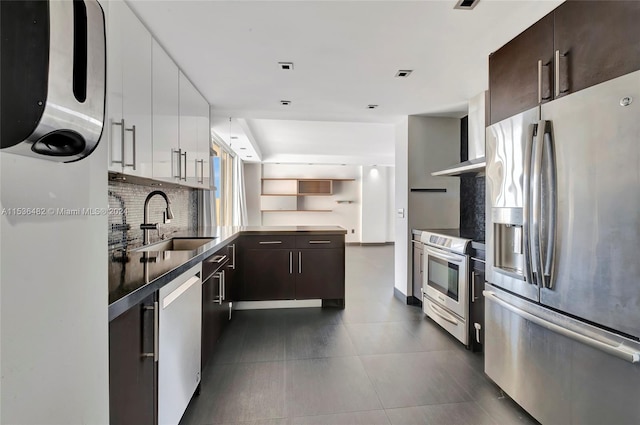 kitchen with white cabinetry, sink, stainless steel appliances, tasteful backsplash, and dark brown cabinetry