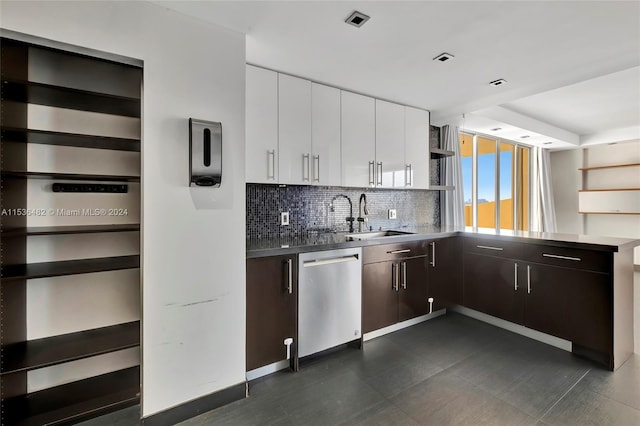 kitchen with sink, white cabinets, dishwasher, dark brown cabinets, and tasteful backsplash