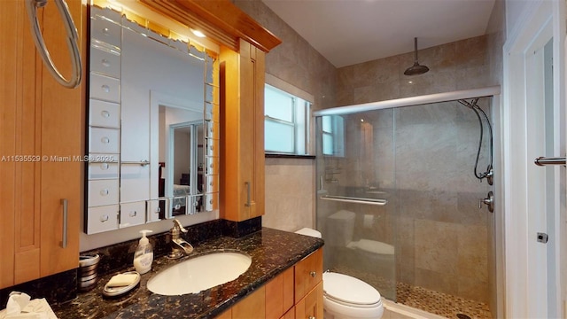 bathroom with vanity, toilet, and a shower with shower door