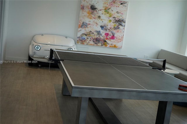 playroom with dark wood-type flooring